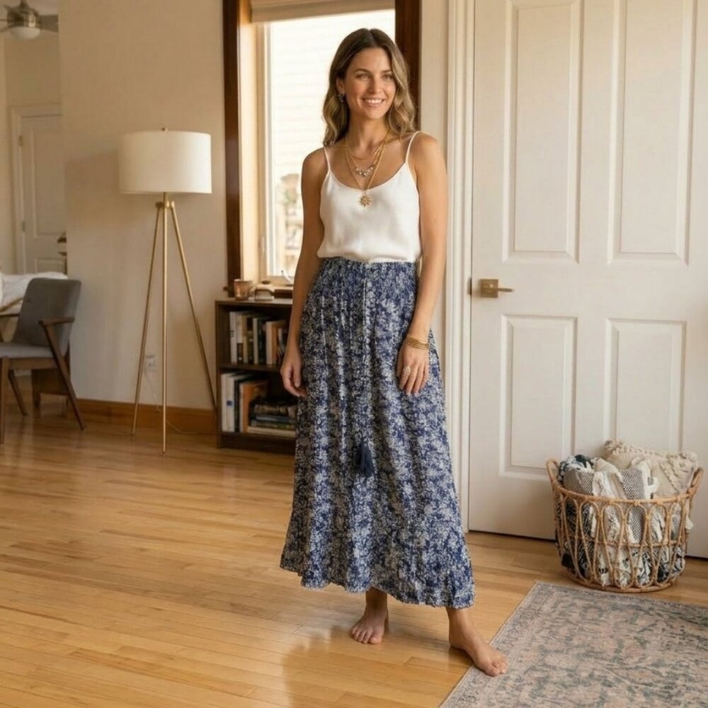 Rachel Zoe Blue Floral Smocked Maxi Skirt Boho Summer Vacation M